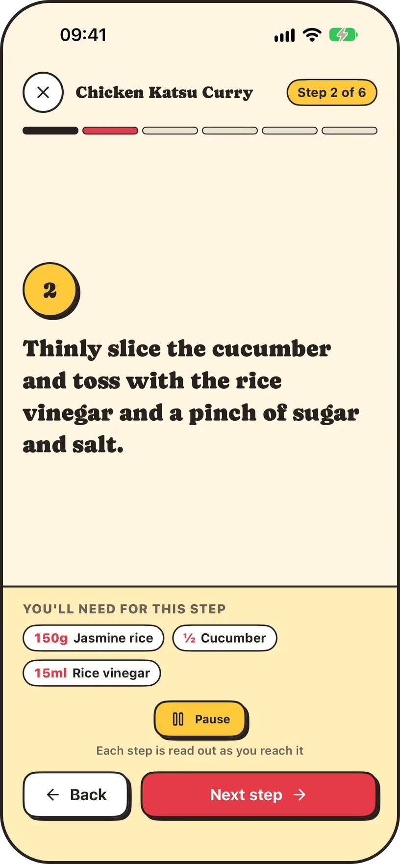 Panful's cooking mode showing one step of the method in large text